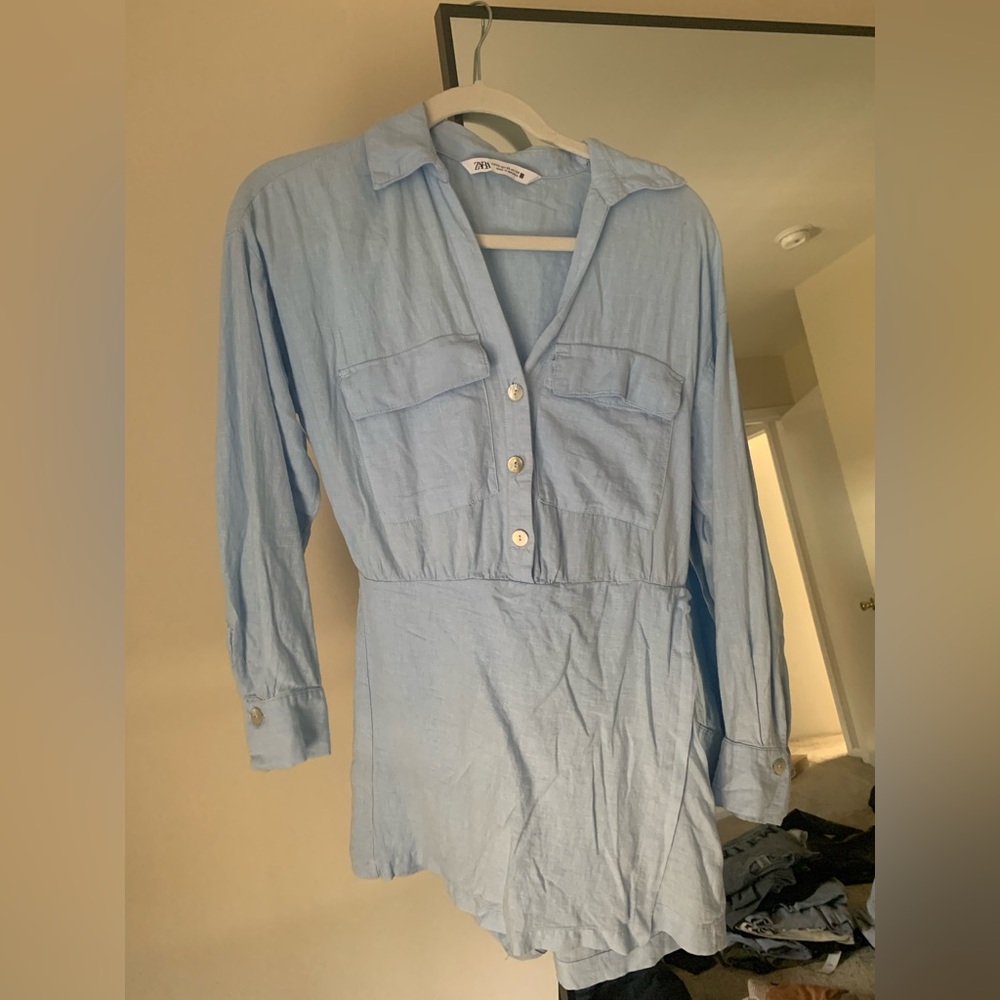 Zara Light Blue Button-Up Skort Dress